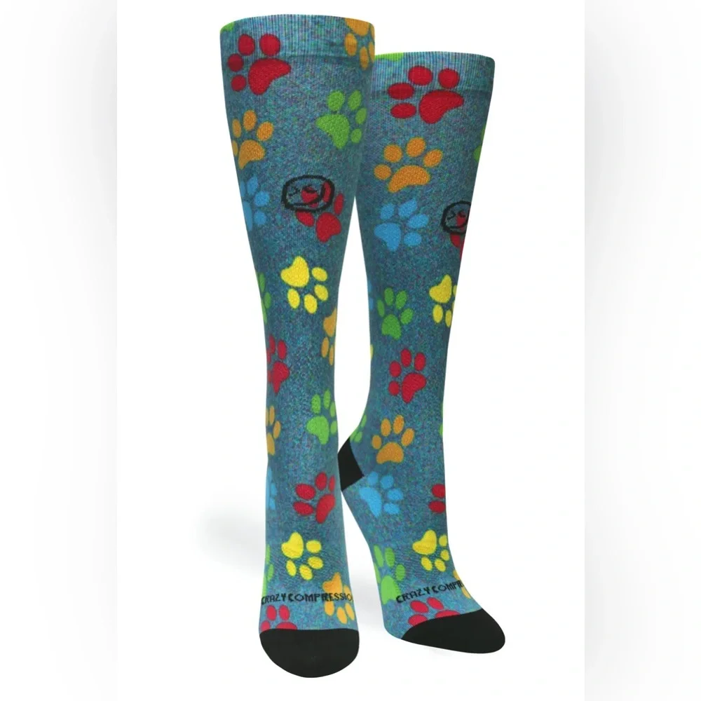 Crazy compression socks blue yellow paw print size S/M 7-10 NEW made in USA